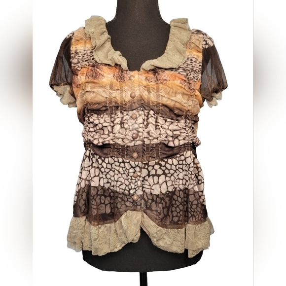 Lapis Lace Mesh Feather Print Coquette Fairy Top Large Brown - Picture 1 of 11